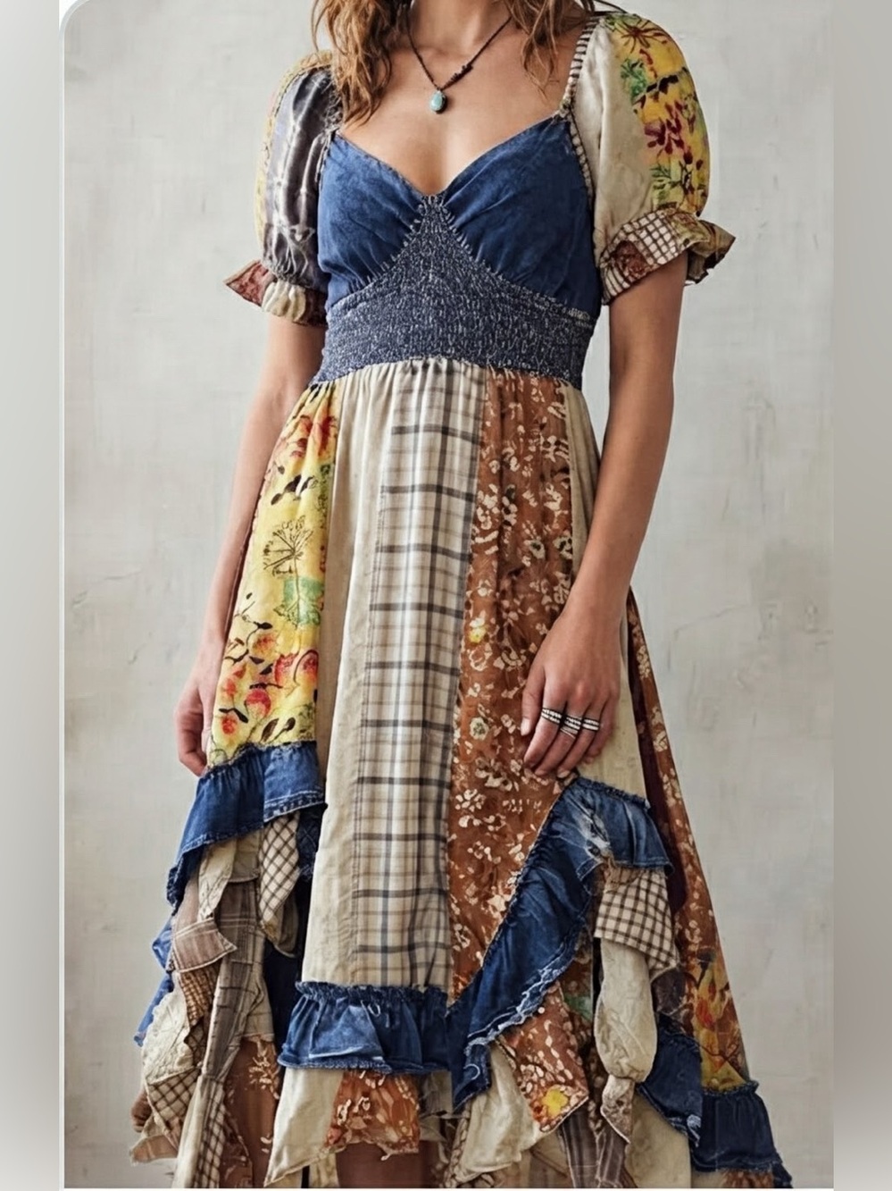 NWT Young Threads Patchwork/ denim Holly Hobbie style/ midi dress🔥